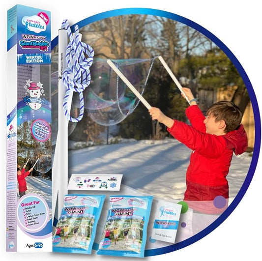 WOWMAZING Giant Bubble Kit Winter – Bubble Wand, 2 Big Bubbles Mix Pouches, 8 Cold-Activated Stickers for Outdoor Winter Fun |Bubbles Made in USA