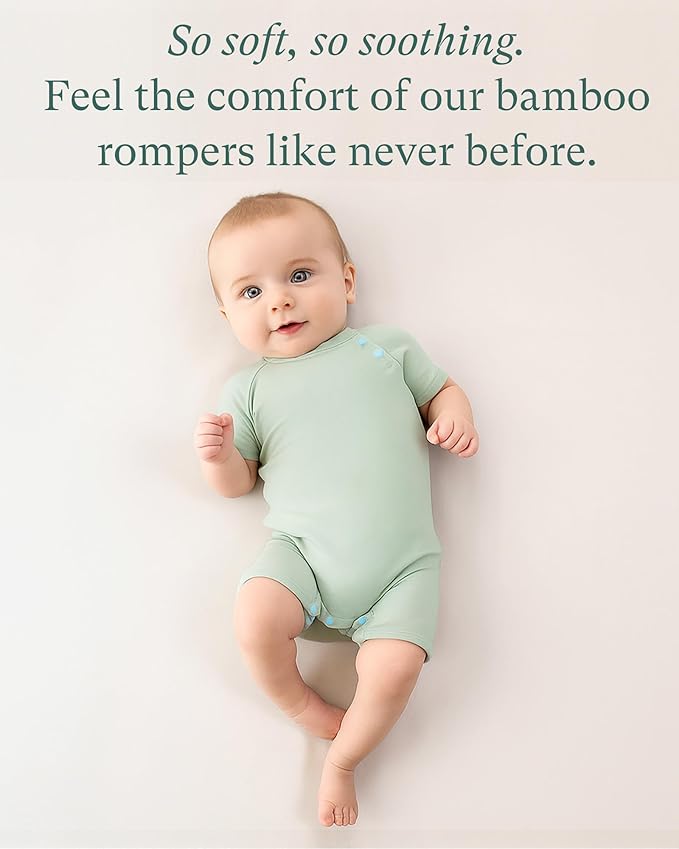 SuperSoft Short Sleeve Baby Romper, Unisex Bamboo Viscose One-piece Summer Pajamas, Boy Girl Footless Jumpsuit Snap Closure