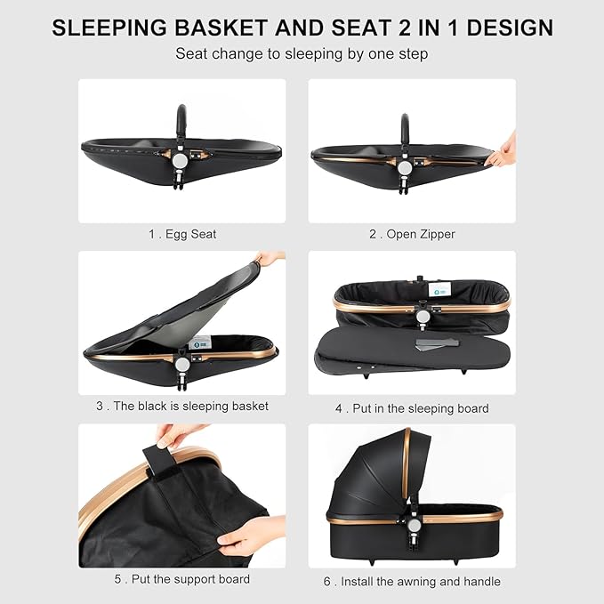 PU Leather 2 in 1 Baby Stroller with 360° Rotatable Seat, Convertible Reversible Standard Baby Pram Portable Pushchair Infant Carriage Foldable High Landscape Pram for Toddler Newborn (HR002-Black)