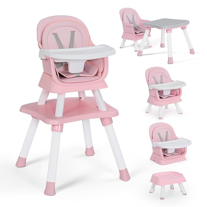 Baby High Chair, 8 in 1 Convertible Highchairs for Babies and Toddlers, Children Dining Booster Seat/Kids Building Block Table for Girls Boys, Baby Seat with Removable Tray,Pink & White