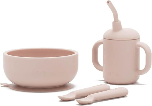 Lalo First Bites Silicone Baby Feeding Set - Baby Led Weaning Supplies - Non-Toxic Silicone - Includes 2 Spoons, Training Cup, & Suction Bowl - 4 Pieces - Grapefruit