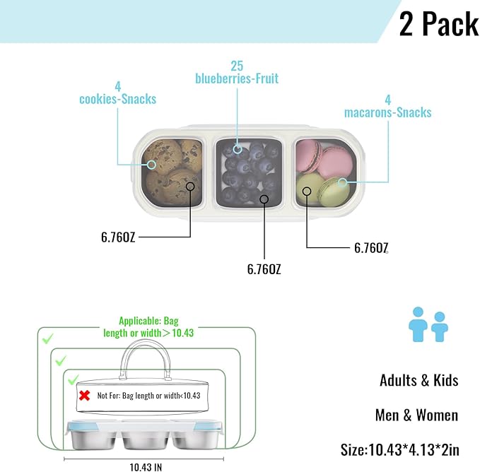 Stainless Steel Snack Containers for Kids Adults, 2 Pack 3 Compartment Metal Snack Containers Box with Lid, Reusable Food Storage Container, Leak Proof, Grab and Go, Blue