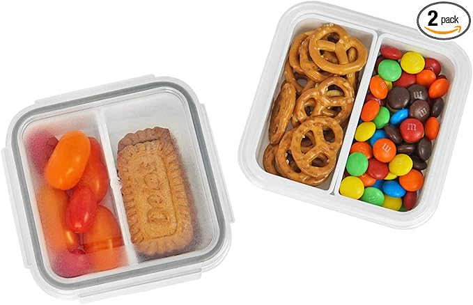 carrotez 2 Compartment Snack Containers, Mini Snack Containers for Mini Fridge, Small Food Storage Containers, Airtight Lids, Reusable, 1.1 cup, 2 PACK