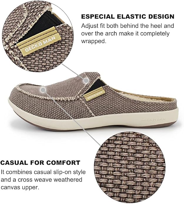 Mens Slippers with Arch Support, Canvas House Slipper for Men with Velvet Lining, Slip On Clog, Indoor Outdoor House Shoes with Anti-Skid Rubber Sole