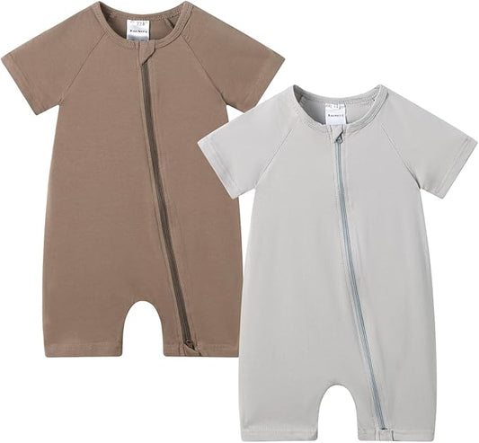 JunNeng 2 Pack Footless Long/Short Sleeve Baby Romper with Zipper Cotton Infant Sleepwear