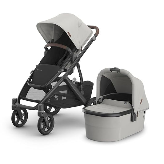 UPPAbaby Vista V3 Stroller + Bassinet V3 - Convertible Single-to-Double Stroller System- Bassinet, Toddler Seat, Bug Shield, Rain Shield Included - Savannah (Pearl Gray/Carbon Frame/Chestnut Leather)
