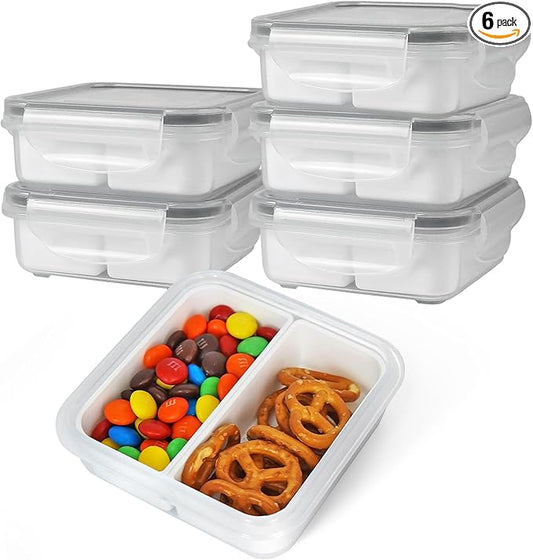 carrotez 2 Compartment Snack Containers, Mini Snack Containers for Mini Fridge, Small Food Storage Containers, Airtight Lids, Reusable, 1.1 cup, 6 PACK