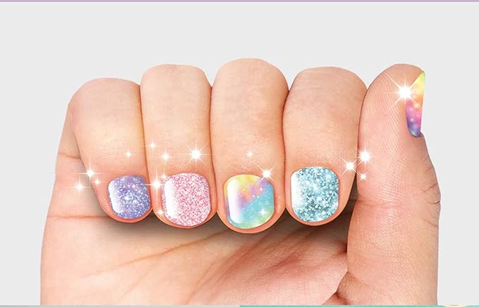 Premium Nail Wraps for Kids 6+ Yo | 30 Non-Toxic Nail Polish Stickers That Let Nails Breathe | Patented Micro Holes for Safe, Healthy Nails | Long Lasting Nail Stickers for Girls (Glitter Milky Way)