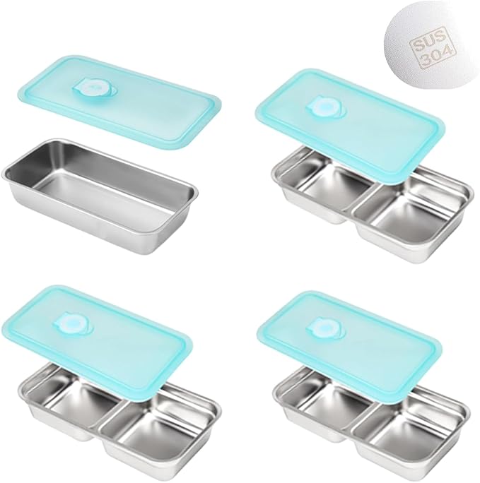 4 PCS 304 Stainless Steel Bento Box, 1pc Single and 3pcs Double compartment Snack Containers, Grab and Go Snack Containers, Food Storage Containers with Blue Lids for Travel and Outdoor Camping