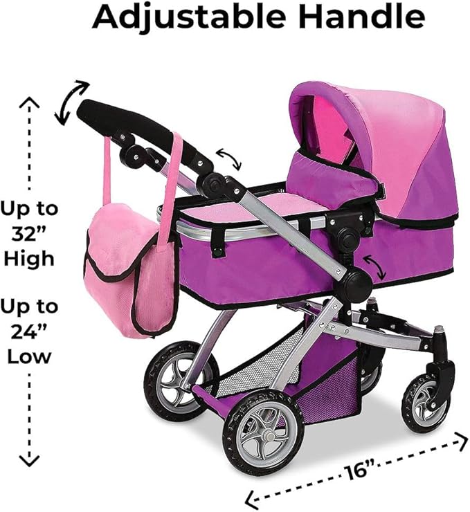 Mommy & Me Foldable Deluxe Toy Baby Doll Stroller with Swiveling Wheels, Adjustable Handle, Convertible Seat, Bassinet, and Diaper Bag