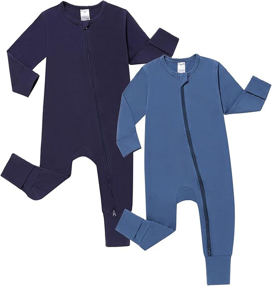 JunNeng 2 Pack Footless Long/Short Sleeve Baby Romper with Zipper Cotton Infant Sleepwear