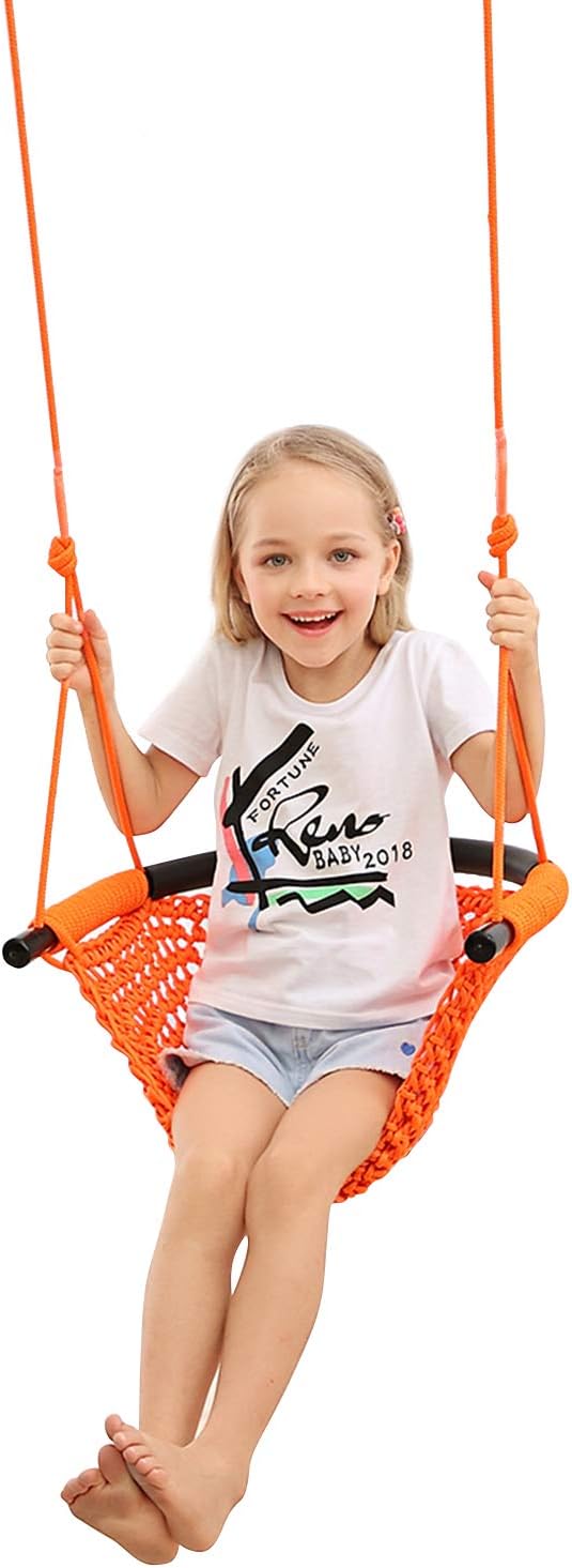 JKsmart Swing Seat for Kids Heavy Duty Rope Play Secure Children Swing Set,Perfect for Indoor,Outdoor,Playground,Home,Tree,with Snap Hooks and Swing Straps,440 lbs Capacity,Orange