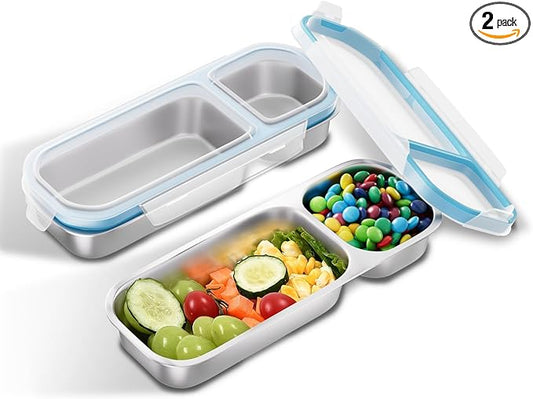 Stainless Steel Snack Containers for Kids Adults, 2 Pack 2 Compartment Metal Snack Containers Box with Lid, Reusable Food Storage Container, Leak Proof, Grab and Go, Blue