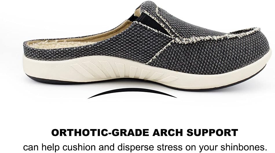 Mens Slippers with Arch Support, Canvas House Slipper for Men with Velvet Lining, Slip On Clog, Indoor Outdoor House Shoes with Anti-Skid Rubber Sole