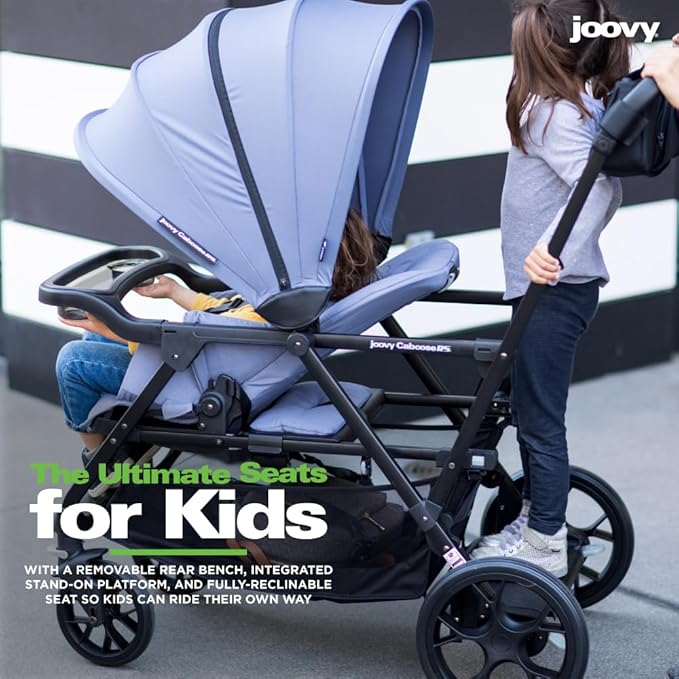 Joovy Caboose RS Sit & Stand Double Stroller for Children Up to 55 lb. with All-Terrain Wheels, UPF50+ Sun Canopy & Magnetic 5-Point Safety Harnesses, Slate