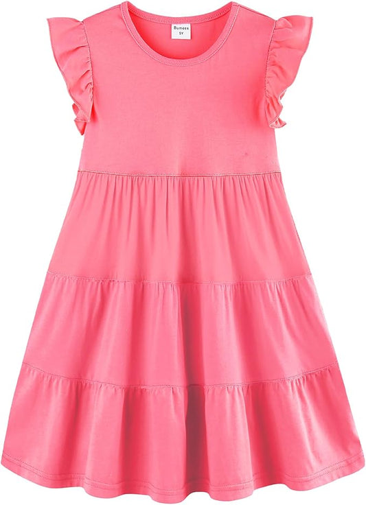 Bumeex Girl's Dresses Cotton Ruffle Sleeve Tiered Swing A-Line Cute Midi Casual Sundress