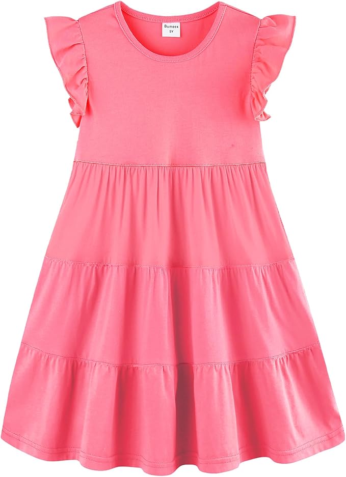 Bumeex Girl's Dresses Cotton Ruffle Sleeve Tiered Swing A-Line Cute Midi Casual Sundress