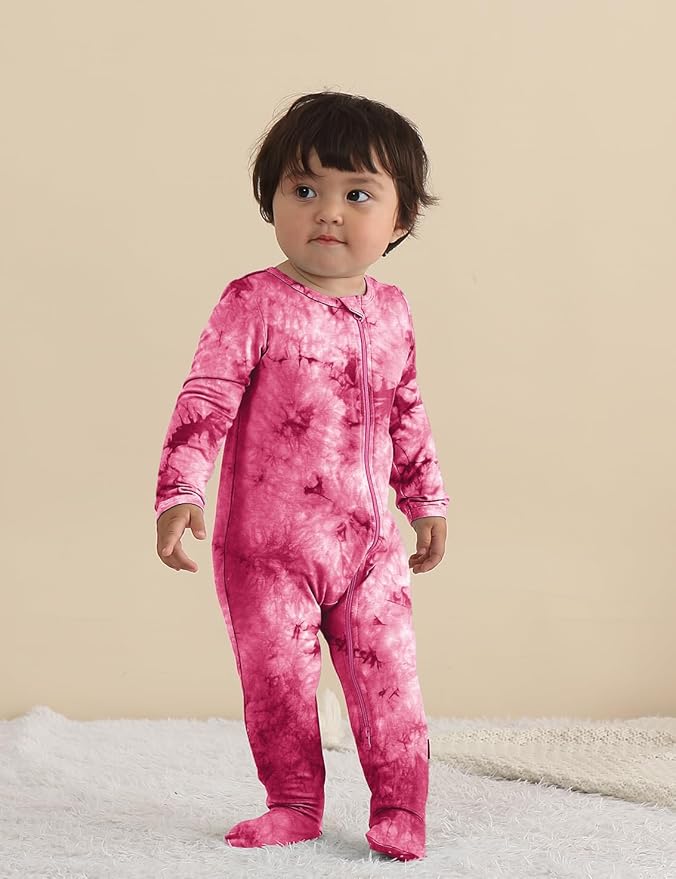 Jimonda Baby Girls Boys Footed Pajamas,Rayon From Bamboo,2 Way Zipper Long Sleeve Soft Sleeper Pjs,Infant Tie-dye Romper