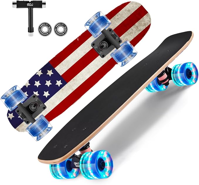 Skateboards with Colorful Flashing Wheels for Beginners,Kids,Teens,Adults, Complete Standard Skate Boards 9 Layer Canadian Maple Deck Concave Skateboard