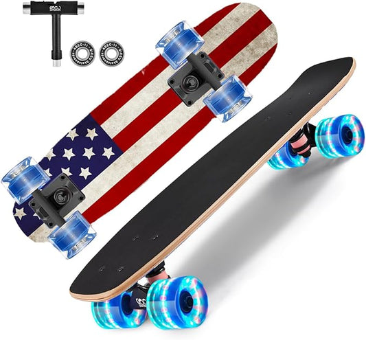 Skateboards with Colorful Flashing Wheels for Beginners,Kids,Teens,Adults, Complete Standard Skate Boards 9 Layer Canadian Maple Deck Concave Skateboard