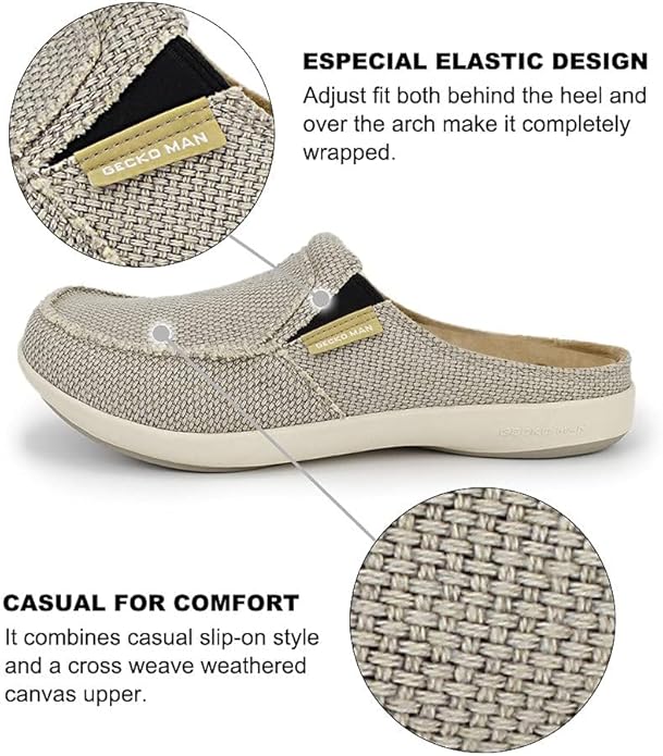 Mens Slippers with Arch Support, Canvas House Slipper for Men with Velvet Lining, Slip On Clog, Indoor Outdoor House Shoes with Anti-Skid Rubber Sole