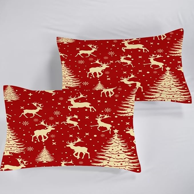 Red Kids Christmas Elk Sheets Set Full Cute Reindeer Christmas Sheets for Kids Adults Microfiber Christmas New Year Decoration Bedding Set Teens Girls Women Bedroom Bed Bedspread