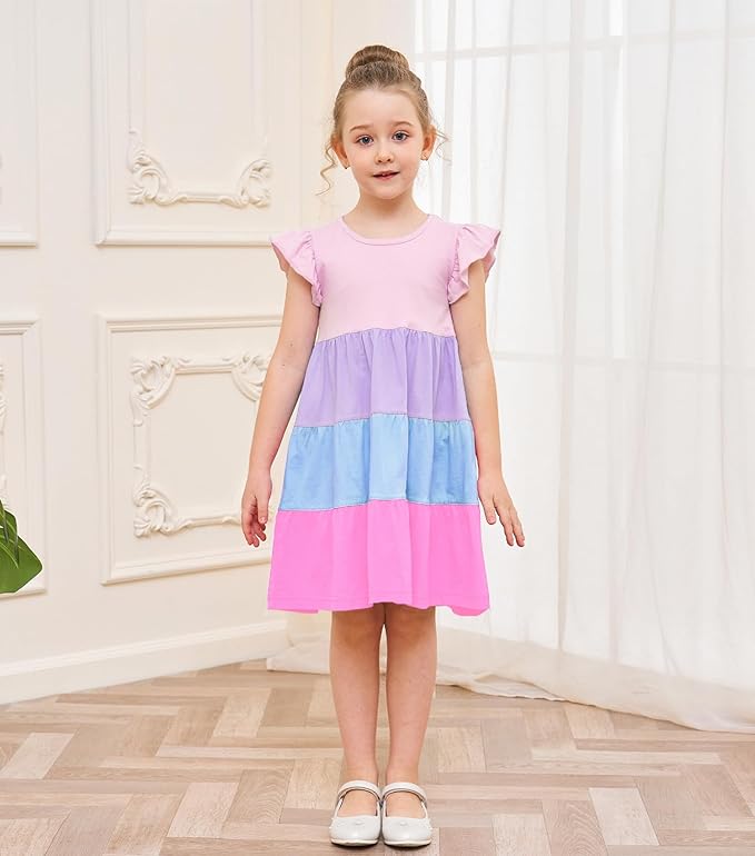 Bumeex Girl's Dresses Cotton Ruffle Sleeve Tiered Swing A-Line Cute Midi Casual Sundress