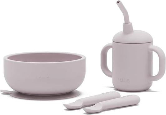 Lalo First Bites Silicone Baby Feeding Set - Baby Led Weaning Supplies - Non-Toxic Silicone - Includes 2 Spoons, Training Cup, & Suction Bowl - 4 Pieces - Lavender