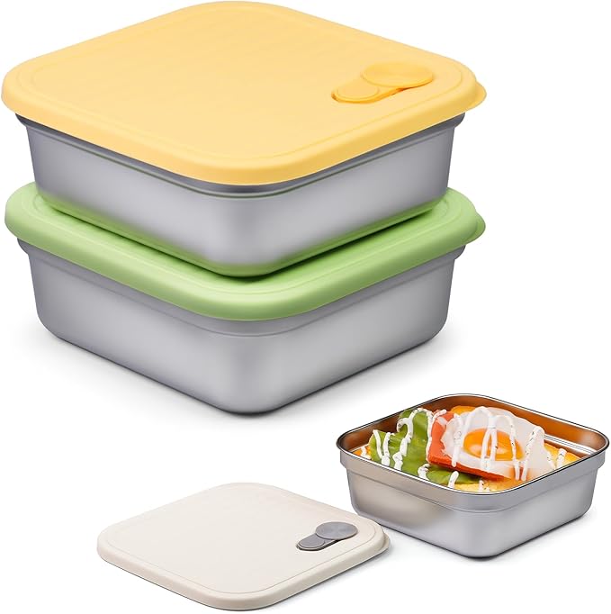 2 Pack Sandwich Containers, 20oz Stainless Steel Sandwich Box with Lids, Reusable Metal Meal Prep Lunch Boxes, BPA-Free, Dishwasher Safe, Food Storage Containers for Snacks & Fruits (Yellow, Green)