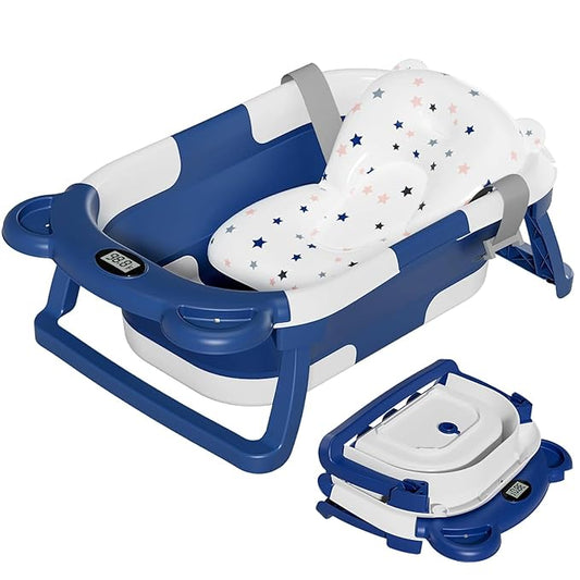 TPN Collapsible Baby Bathtub, Baby Bath Tub with Soft Cushion & Real-Time Thermometer, Baby Bathtub Infant to Toddler Tub (0-36 Months), Portable Travel Baby Tubs for Newborns (Navy Blue)