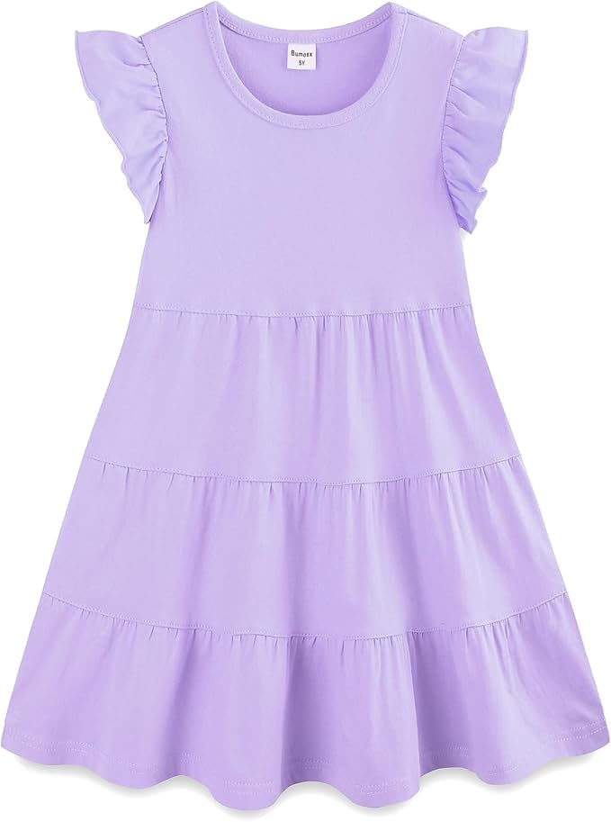 Bumeex Girl's Dresses Cotton Ruffle Sleeve Tiered Swing A-Line Cute Midi Casual Sundress