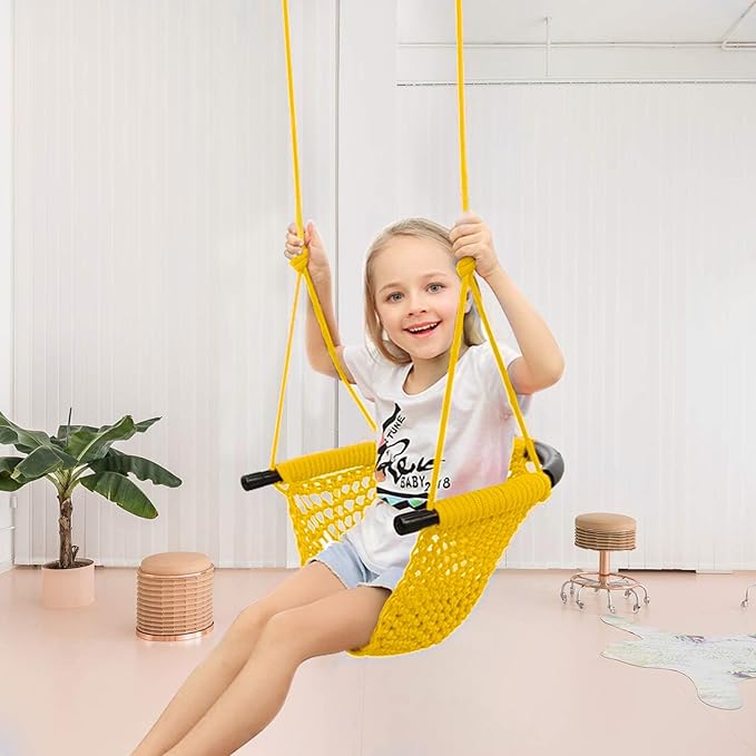 JKsmart Swing Seat for Kids Heavy Duty Rope Play Secure Children Swing Set,Perfect for Indoor,Outdoor,Playground,Home,Tree,with Snap Hooks and Swing Straps,440 lbs Capacity, Yellow