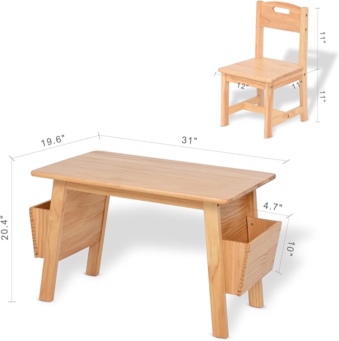 Kids Solid Wood Table and 2 Chair Set with Storage Desk and Chair Set for Children Toddler Activity Table (Solid Wood/Natural)