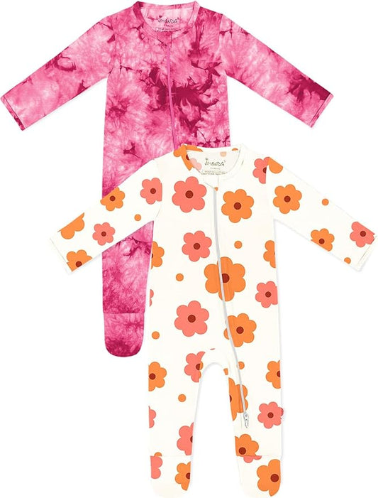 Jimonda Baby Girls Boys Footed Pajamas,Rayon From Bamboo,2 Way Zipper Long Sleeve Soft Sleeper Pjs,Infant Tie-dye Romper