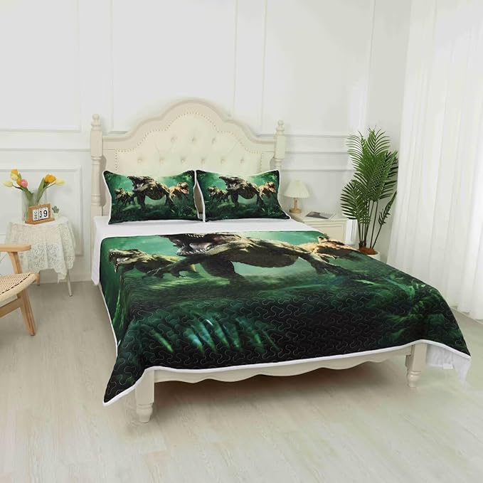 Green Dinosaur Quilt Set Full/Queen Size for Kids, Breathable 3D Dinosaur Printing Bedding Set, Lightweight Boys Dino Bedspread Set with 1 Quilt and 2 Pillowcases