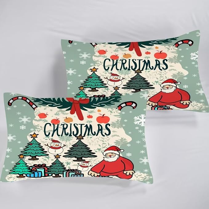 Christmas Sheets Twin Soft Microfiber Pattern Bed Sheet Set Winter Holiday Sheets Set Green Christmas Snowflake Bedding Set with 14 Inches Deep Pocket Fitted Sheet 1 Pillowcase and 1 Flat Sheet