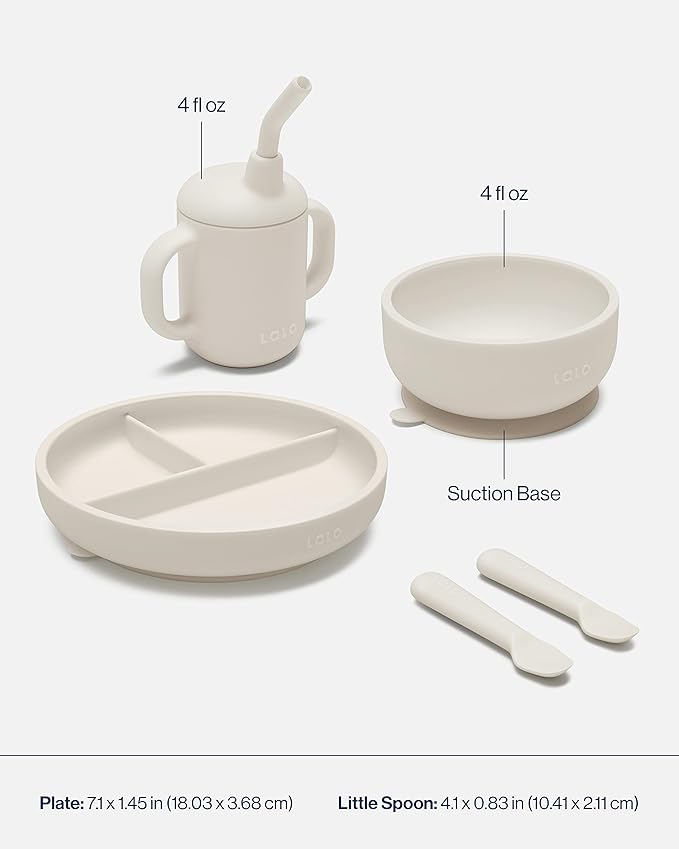 Lalo First Bites Silicone Baby Feeding Set - Baby Led Weaning Supplies - Non-Toxic Silicone - Includes 1 Bib, 2 Spoons, Training Cup, Suction Plate and Bowl - 6 Pieces - Oatmeal