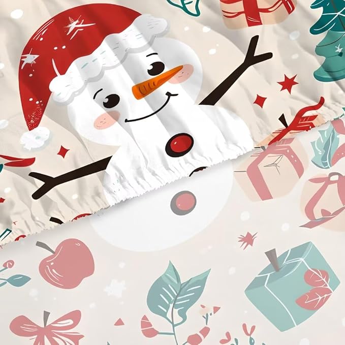 Beige Kids Christmas Sheet Set - Full Size Cute Snowman Christmas Sheets for Girls - Soft Bedding Set with 1 Flat Sheet + 1 Fitted Sheet + 2 Pillowcases