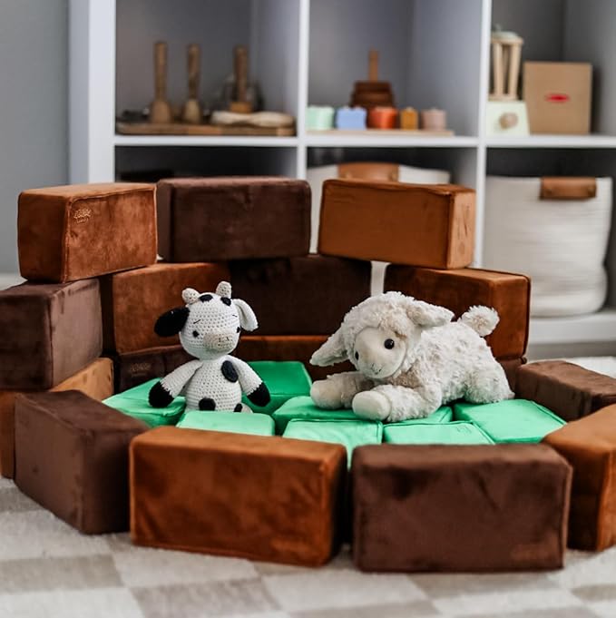 The Original Premium Plush Building Block for Kids - Certified Safe Foam Blocks in Luxuriously Soft Fabric Covers - Set of 24 (Earth)