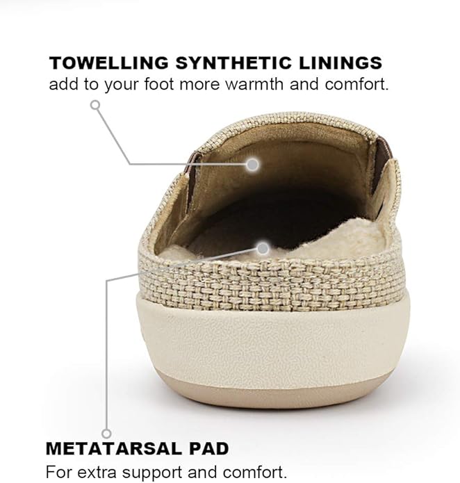 Mens Slippers with Arch Support, Canvas House Slipper for Men with Velvet Lining, Slip On Clog, Indoor Outdoor House Shoes with Anti-Skid Rubber Sole