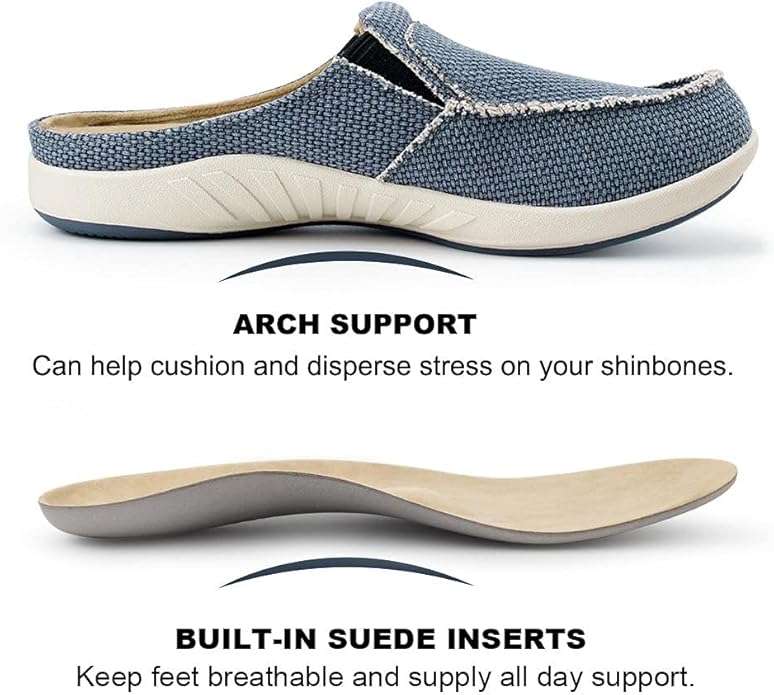 Mens Slippers with Arch Support, Canvas House Slipper for Men with Velvet Lining, Slip On Clog, Indoor Outdoor House Shoes with Anti-Skid Rubber Sole
