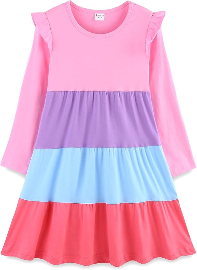 Bumeex Girl's Dresses Cotton Ruffle Sleeve Tiered Swing A-Line Cute Midi Casual Sundress