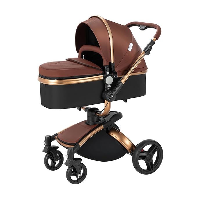 PU Leather 2 in 1 Baby Stroller with 360° Rotatable Seat, Convertible Pram, Reversible Standard Stroller, Portable Infant Carriage, Foldable High Landscape Pushchair Toddler Newborn (HR003-orange)