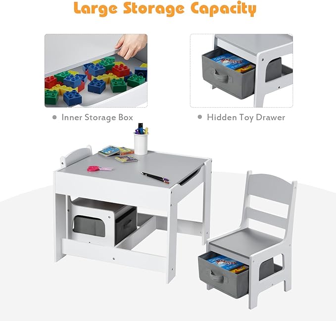 Costzon Kids Table and Chair Set, 3 in 1 Wooden Activity Table with Storage Drawer, Detachable Tabletop for Children Drawing Reading Art Craft, Playroom, Nursery, Toddler Table and Chair Set, Gray