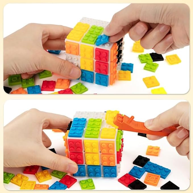 D-FantiX Building Brick Blocks 3x3x3 Speed Cube Toy, Build-On Brick 3D Magic Cube, Handheld Brain Teaser Puzzles Gift Ideas, Puzzle Building Cube Game for Kids Adults (Included Brick Separator)