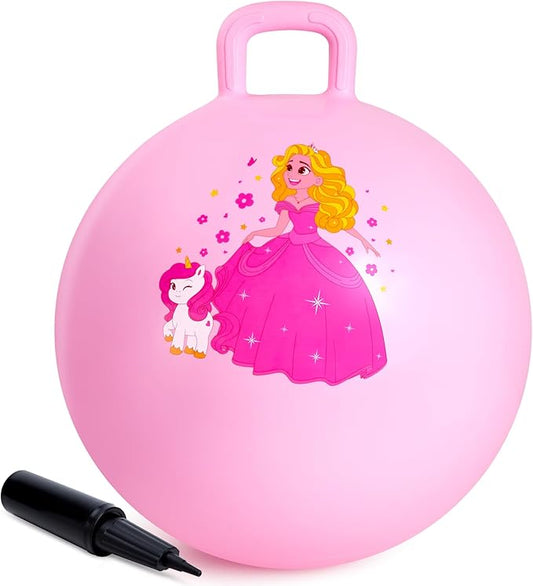ZOOJOY Princess Hopper Ball, 18 Inch Bouncy Ball with Handle for Kids Aged 3-8, Inflatable Jumping Toys for Girls Boys, Pink Hopping Toys Gift with Pump