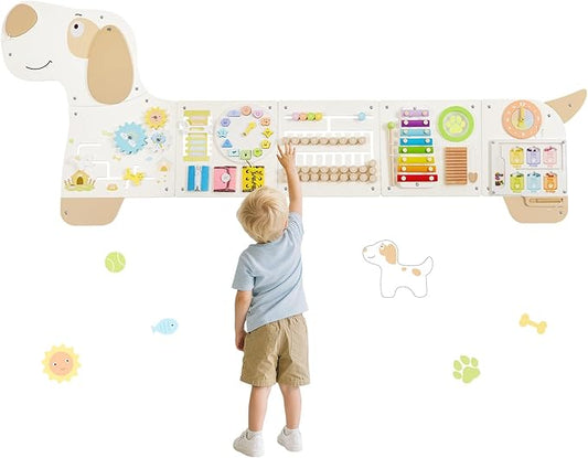 Wooden Dog Sensory Wall Panel, Montessori Wall Busy Board, Toddler Learning Activity Center, Educational Montessori Toys for for Kids Room, Preschool & Daycare