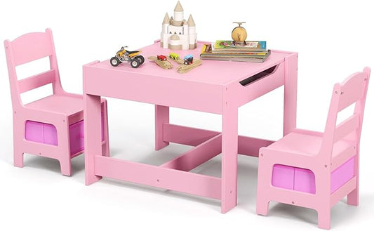 Costzon Kids Table and Chair Set, 3 in 1 Wooden Activity Table with Storage Drawer, Detachable Tabletop for Children Drawing Reading Art Craft, Playroom, Nursery, Toddler Table and Chair Set, Pink