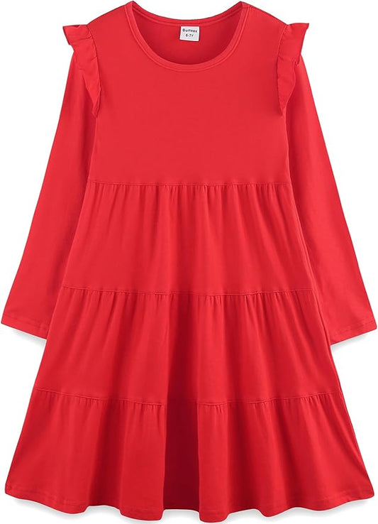 Bumeex Girl's Dresses Cotton Ruffle Sleeve Tiered Swing A-Line Cute Midi Casual Sundress