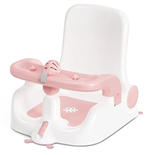 Baby Bath Seat with Sitting & Lying 2 Modes, 3-Speed Adjustment, Powerful Suction Cups, Infant Bathtub Chair with Washable Pillow, Folding and Hanging(Light Pink)